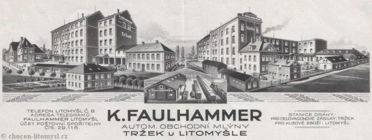 hlavička tiskopisu mlýnů Faulhammer v Tržku u Litomyšle
